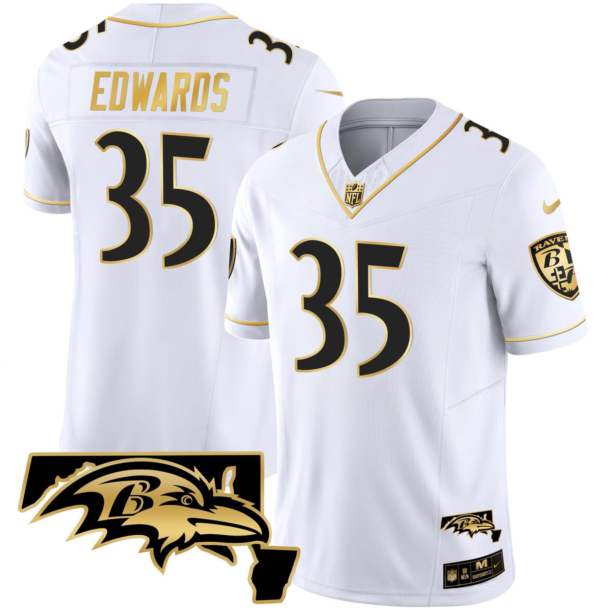 Men Baltimore Ravens 35 Edwards White Gold 2024 Nike Maryland Patch Vapor Limited NFL Jersey
